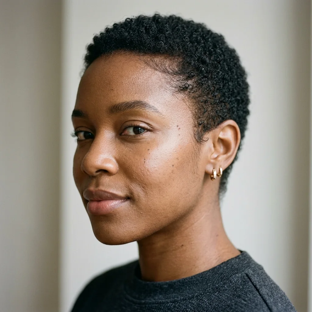 Black woman wearing a close cropped pixie haircut with a defined edge