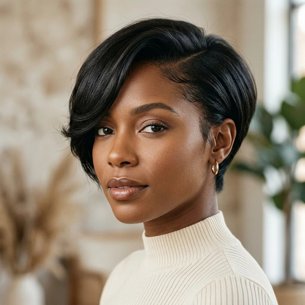 Black woman wearing a soft rounded textured pixie haircut