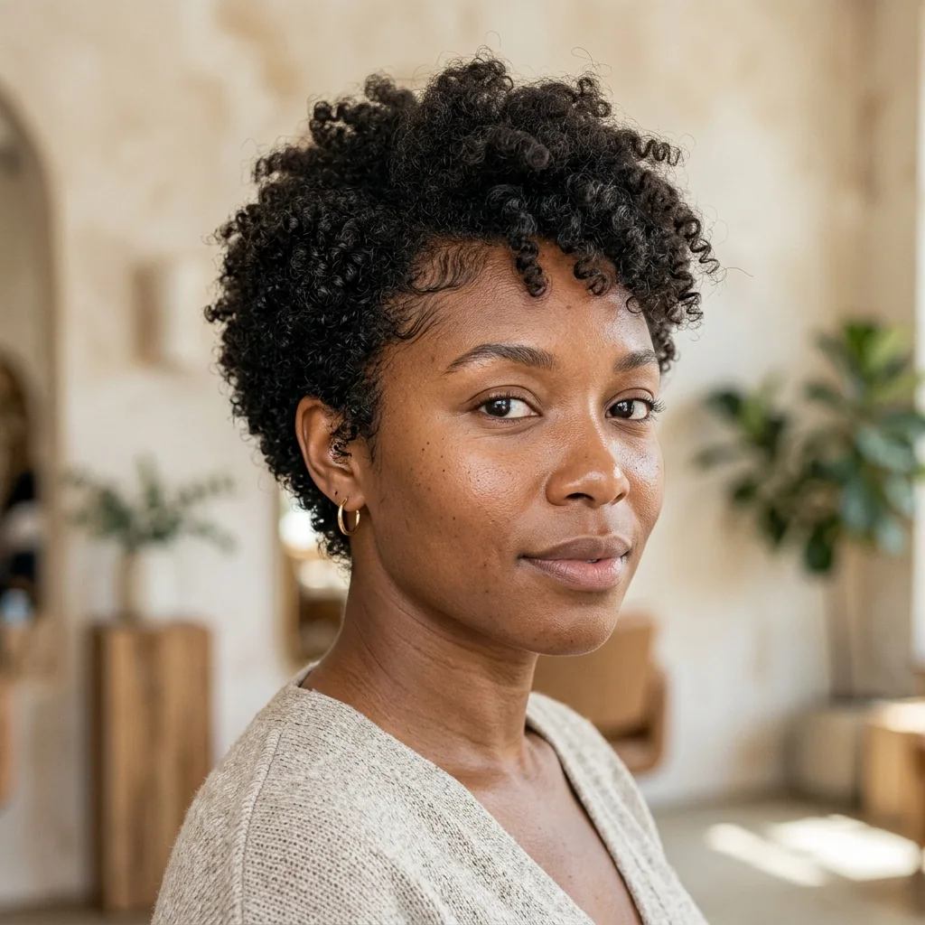 Black woman wearing a textured frohawk pixie haircut