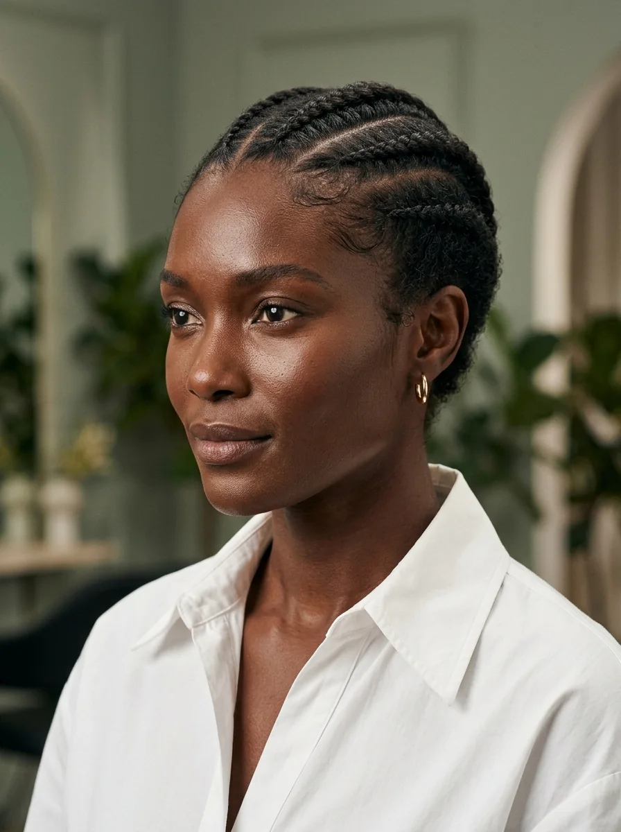 Black woman wearing a braided pixie top hairstyle