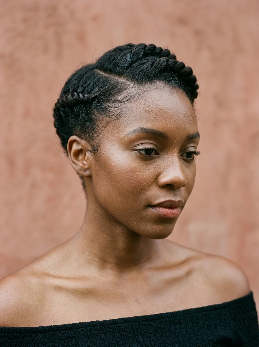 Black woman wearing a flat-twist crown pixie hairstyle