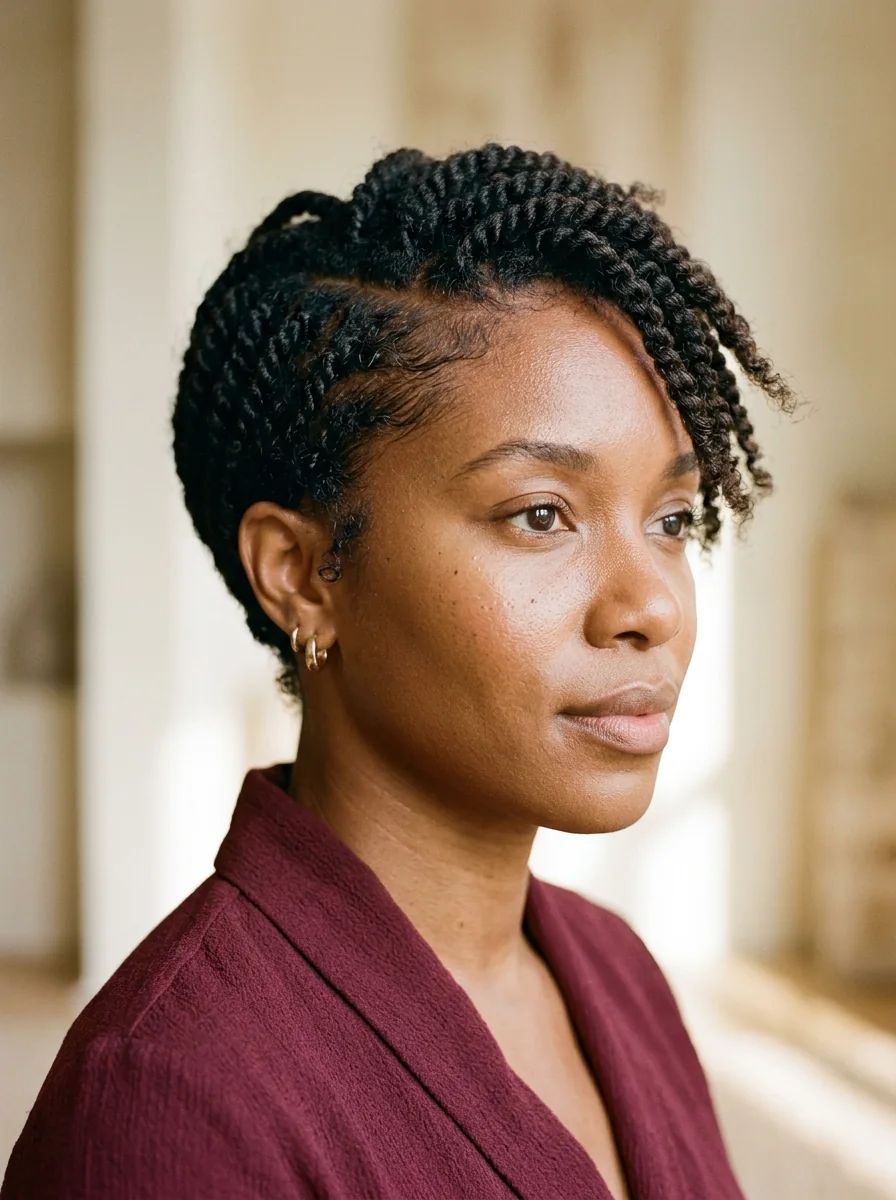 Black woman wearing a soft mini-twist pixie with a side part