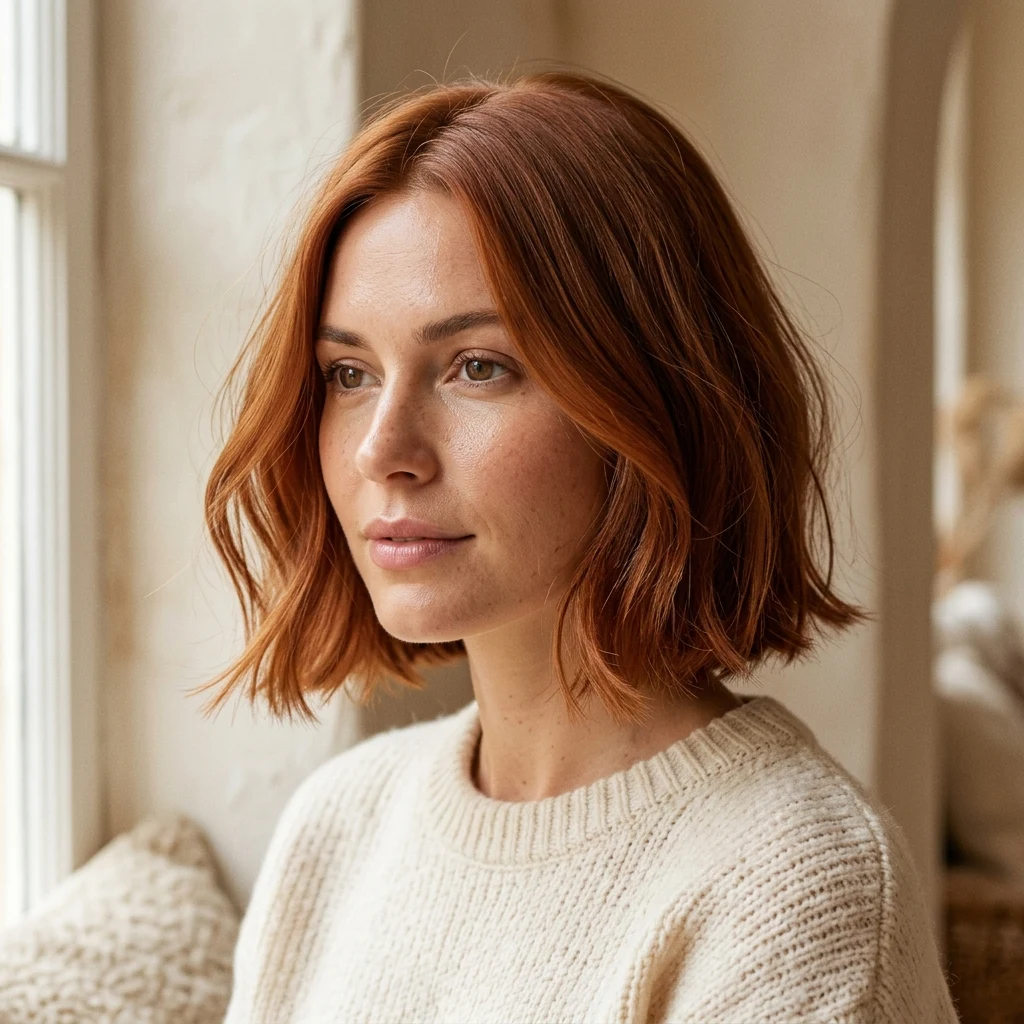 Woman wearing a soft copper bob with a loose bend
