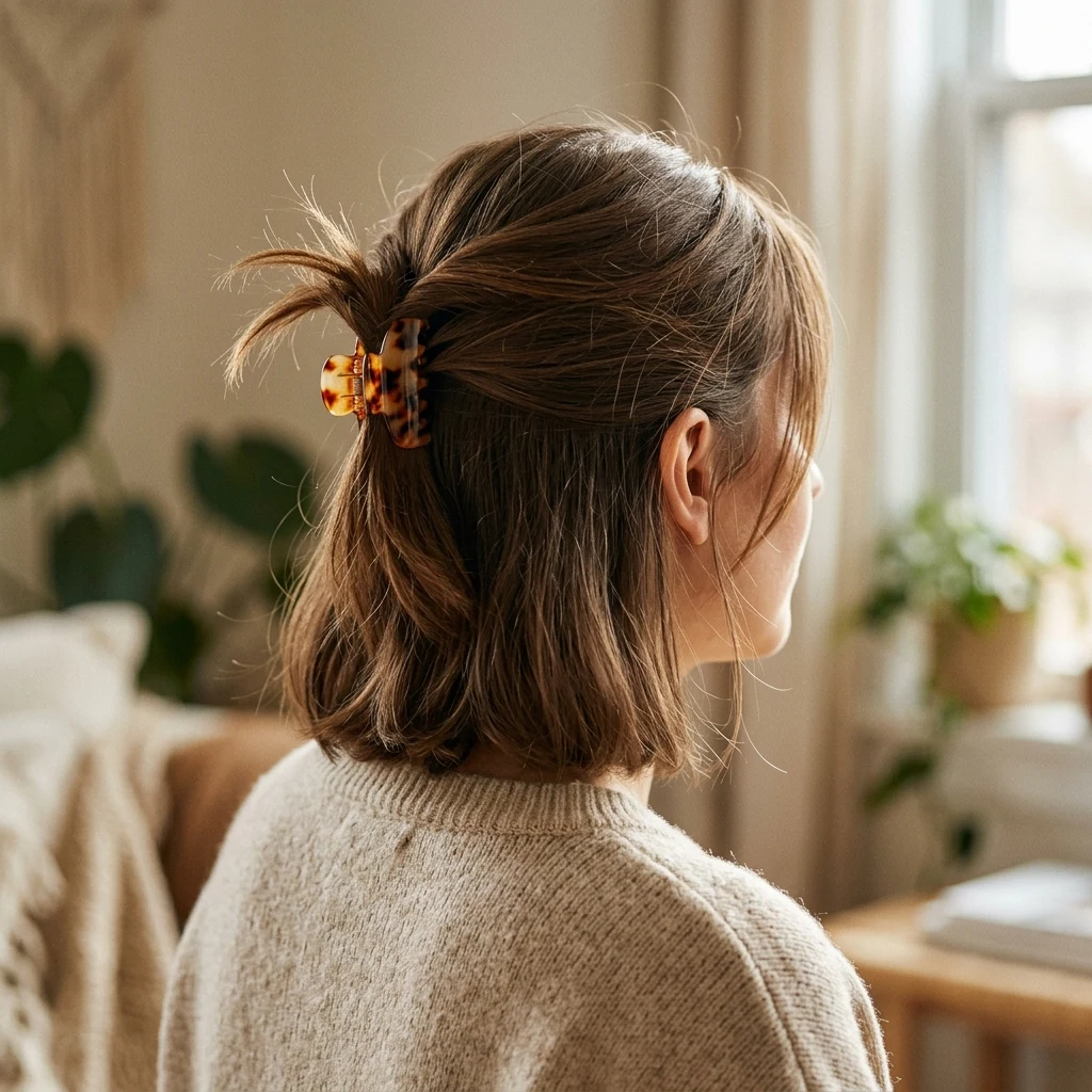 Woman wearing a short bob half-up with a tortoiseshell claw clip