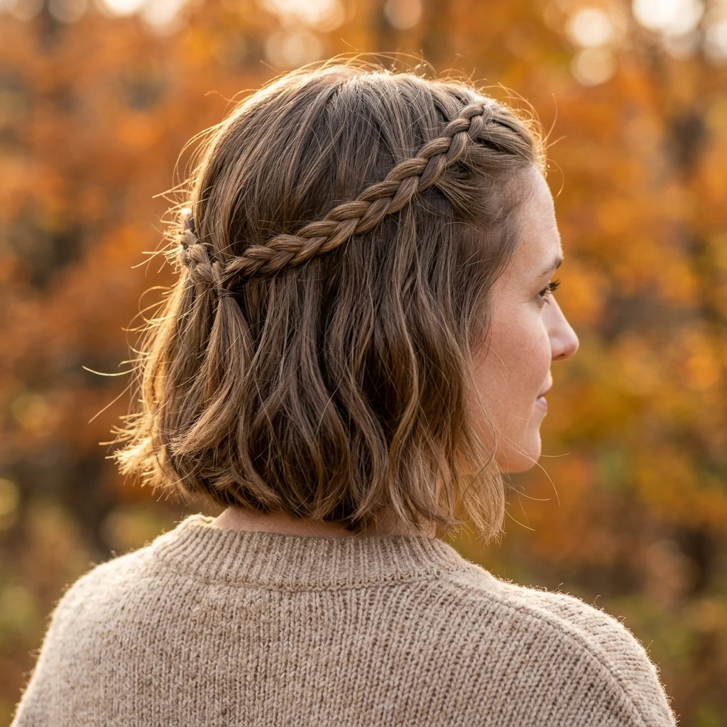Short hair styled with a small braided crown
