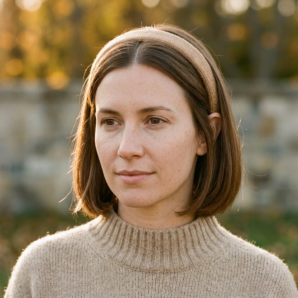 Woman wearing a sleek bob with a knit headband