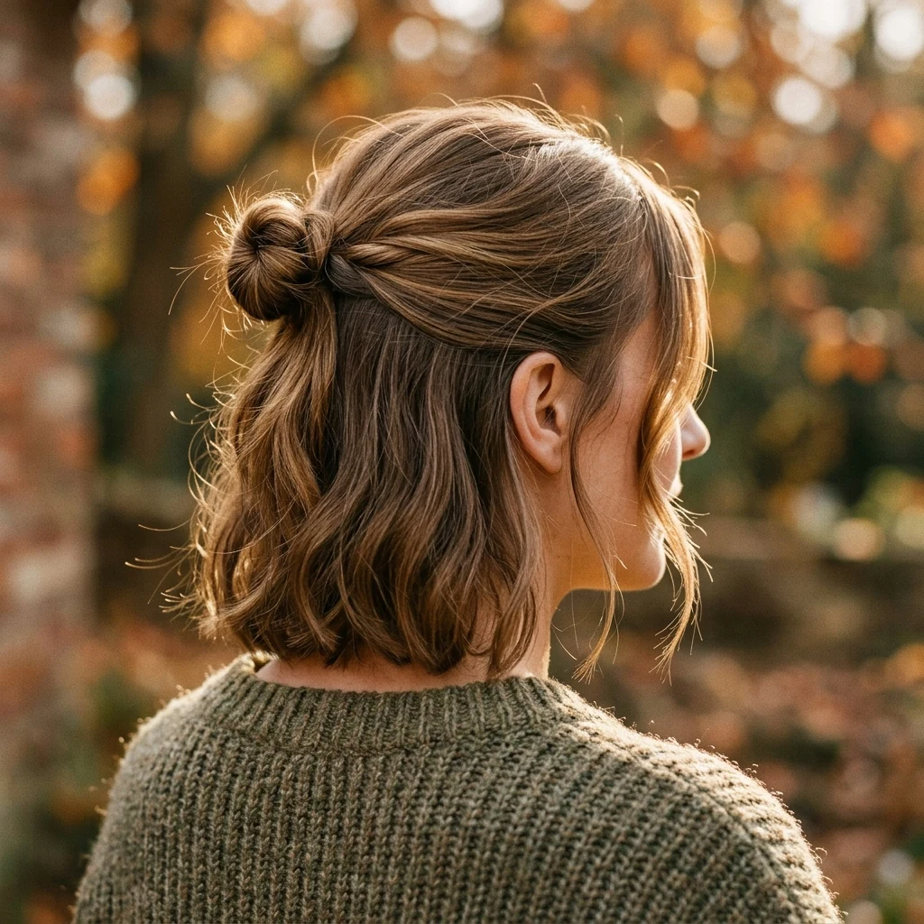 Short hair styled in a half-up knot with face-framing pieces