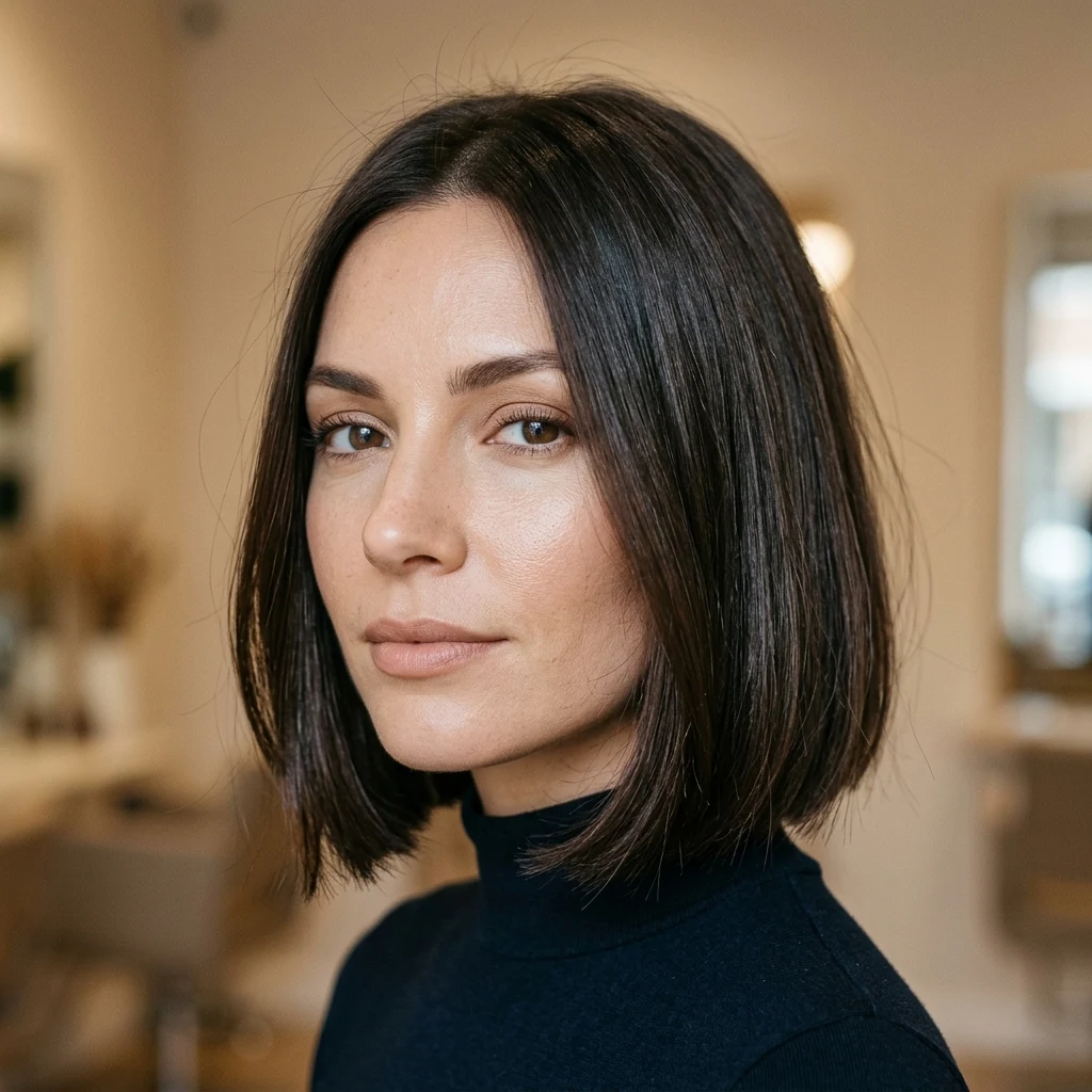 Woman wearing a chin-length blunt bob with softly finished ends