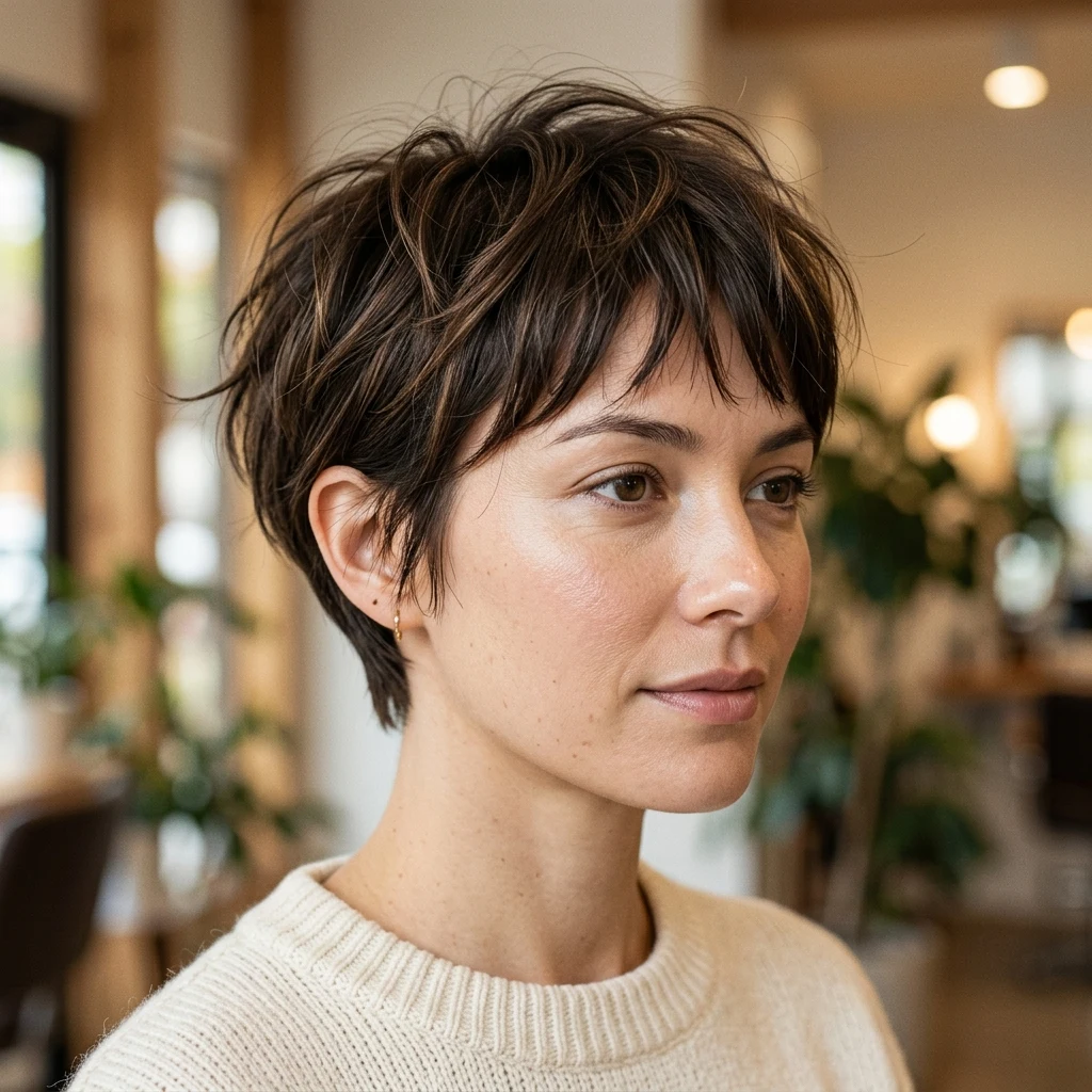 Woman wearing a piecey pixie haircut with a soft fringe
