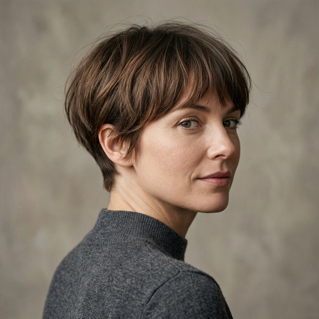 Woman wearing a soft mushroom crop haircut