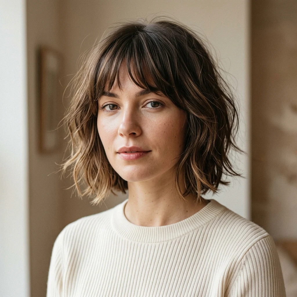Woman wearing a modern shaggy bob with bottleneck bangs