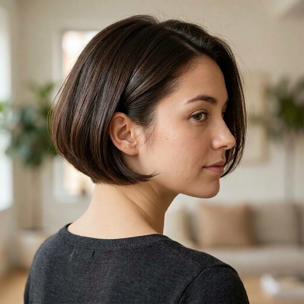 Woman wearing a soft bob with a hidden nape undercut