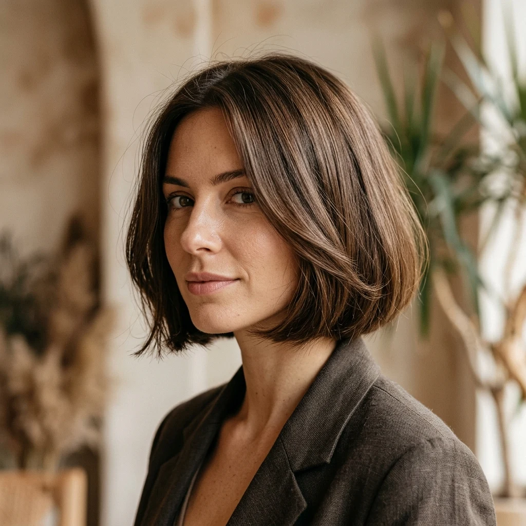Woman wearing a polished jaw-length bob with invisible layers