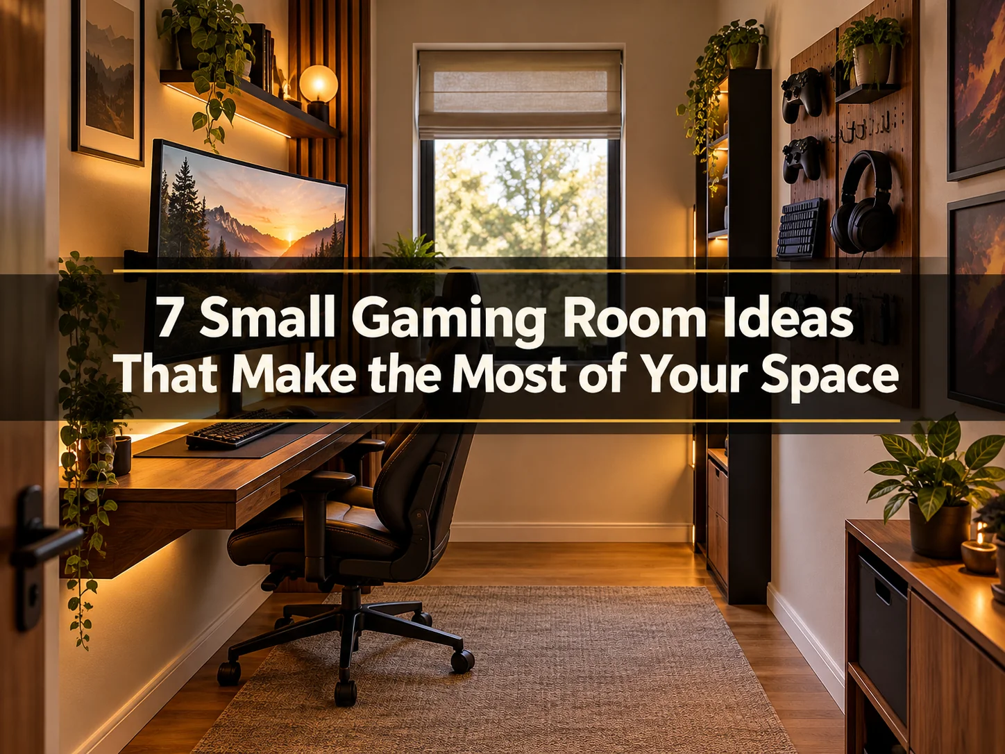 Compact warm gaming room with wall mounted desk, controller pegboard, plants, and amber lighting