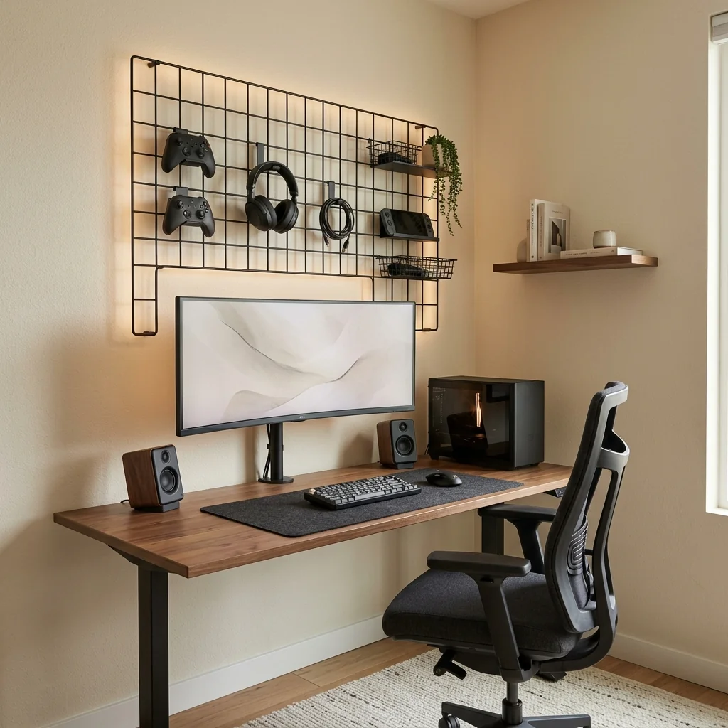 Small gaming desk with a wall grid holding controllers and headsets