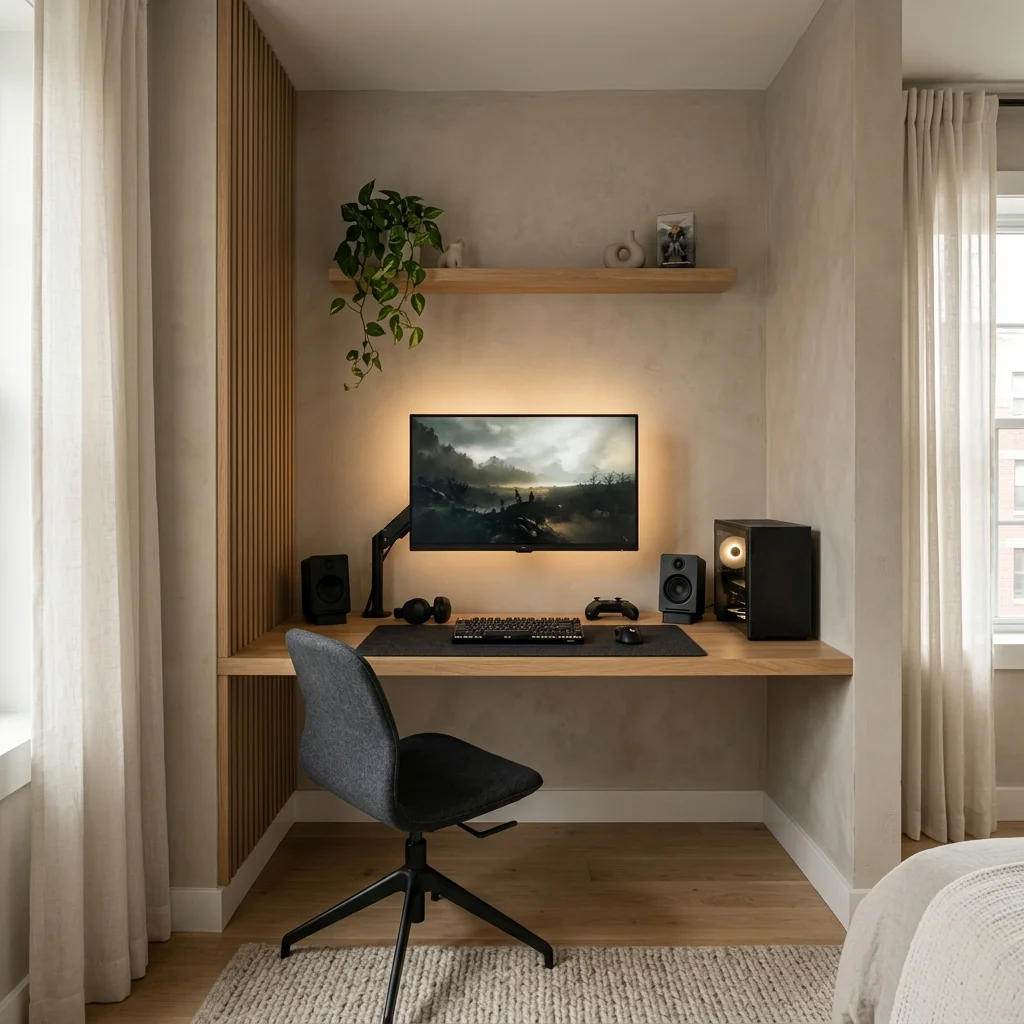 Wall-mounted gaming monitor above a shallow floating desk in a narrow nook