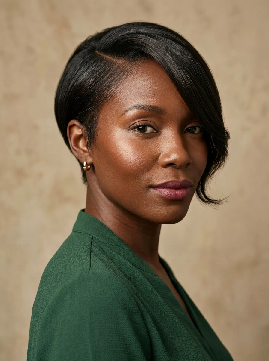 Black woman wearing an asymmetrical straight pixie hairstyle