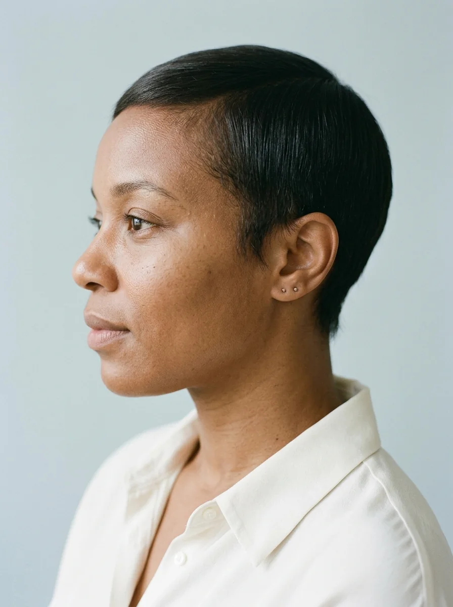 Black woman wearing a close straight crop with a natural hairline