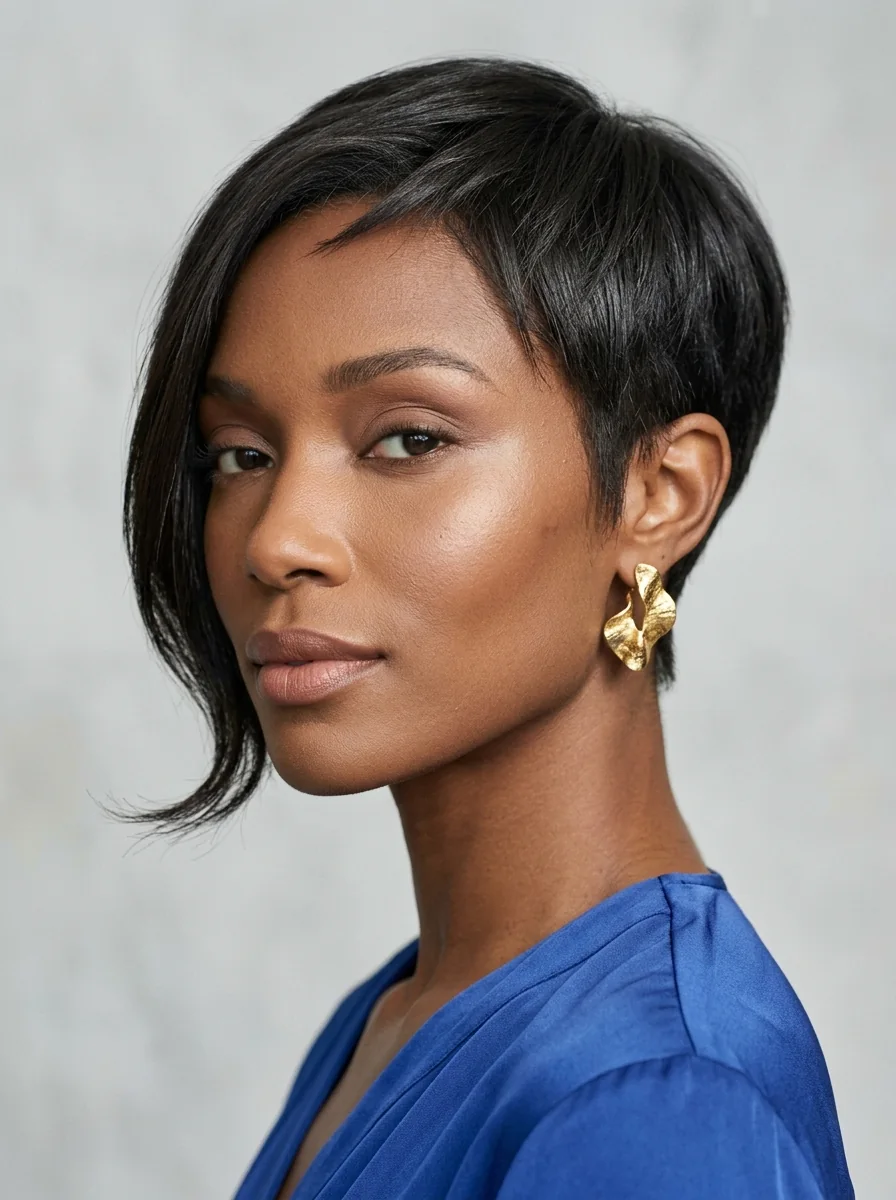 Black woman wearing a deep-side-swept straight pixie hairstyle