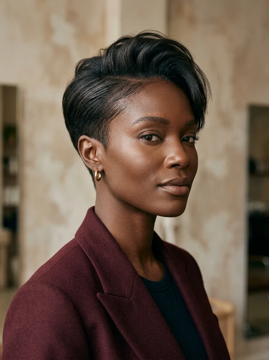 Black woman wearing a long-top straight pixie hairstyle