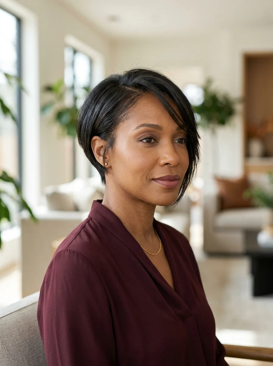 Black woman wearing a straight pixie bob hairstyle