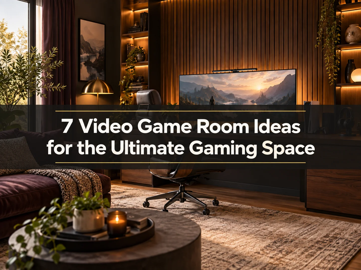 Warm walnut gaming room with an acoustic slat wall, wide monitor, and subtle amber lighting