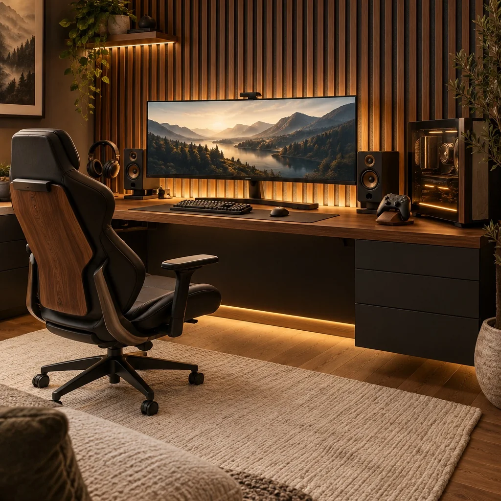 Gaming desk with a wide monitor, warm backlighting, and a wood slat wall