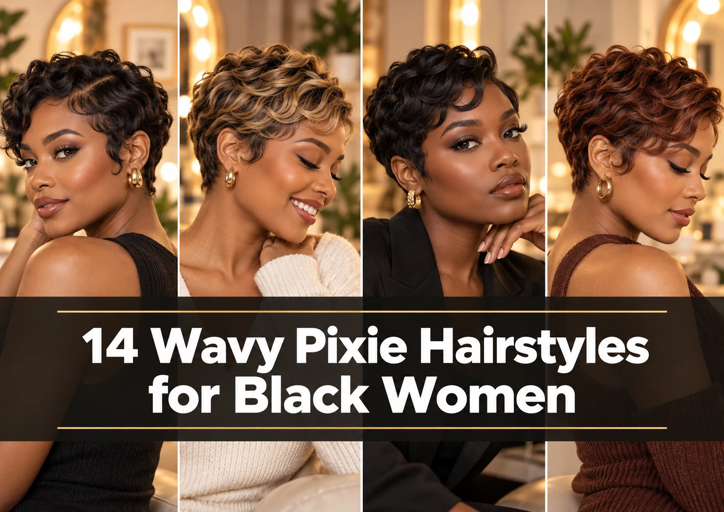 Collage of wavy pixie hairstyles for Black women