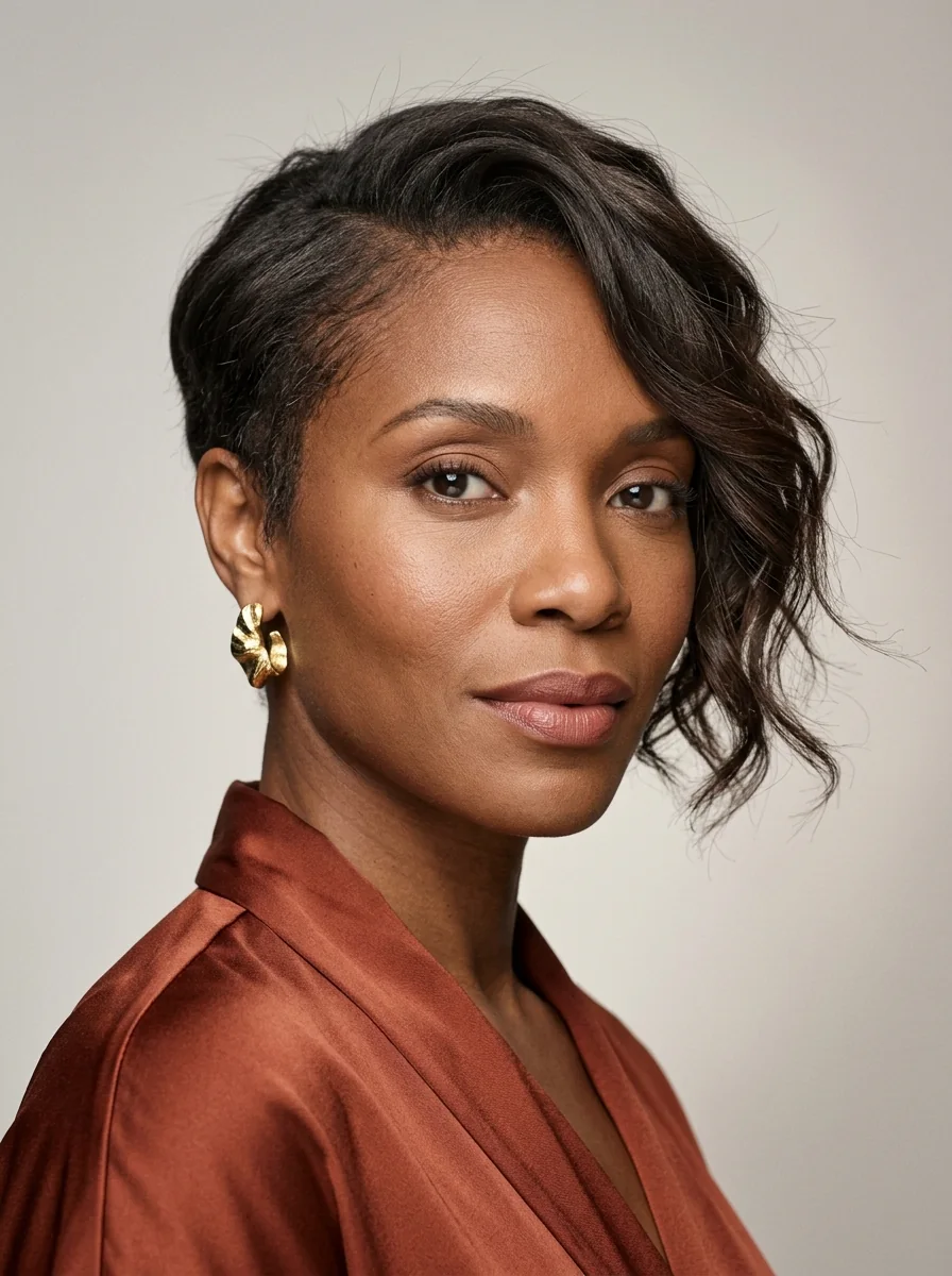Black woman wearing an asymmetrical wavy pixie hairstyle