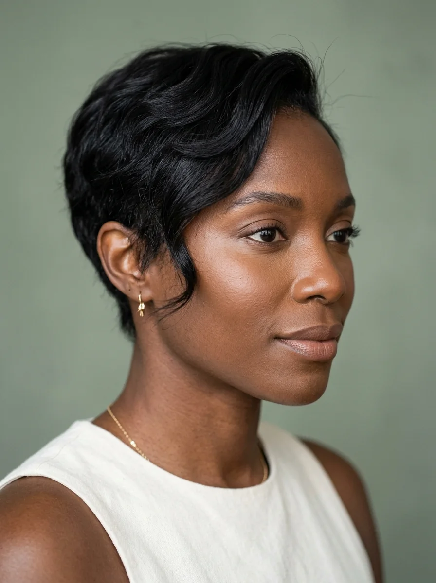 Black woman wearing a deep-side-part wavy pixie hairstyle