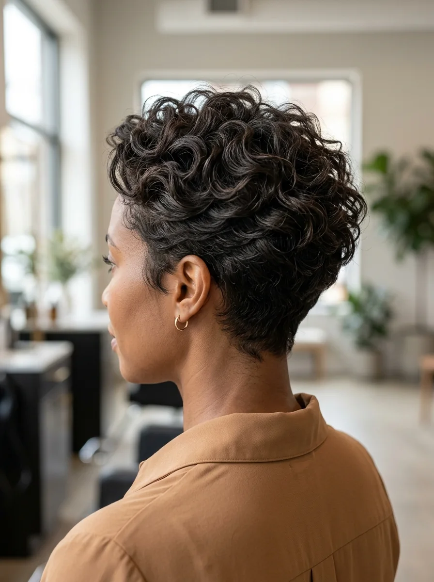 Black woman wearing a mixed wave-and-curl pixie hairstyle