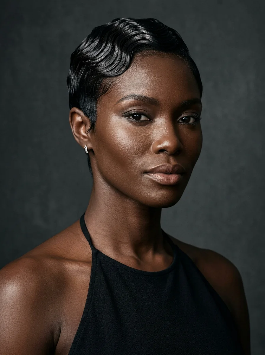 Black woman wearing a sculpted S-wave pixie hairstyle