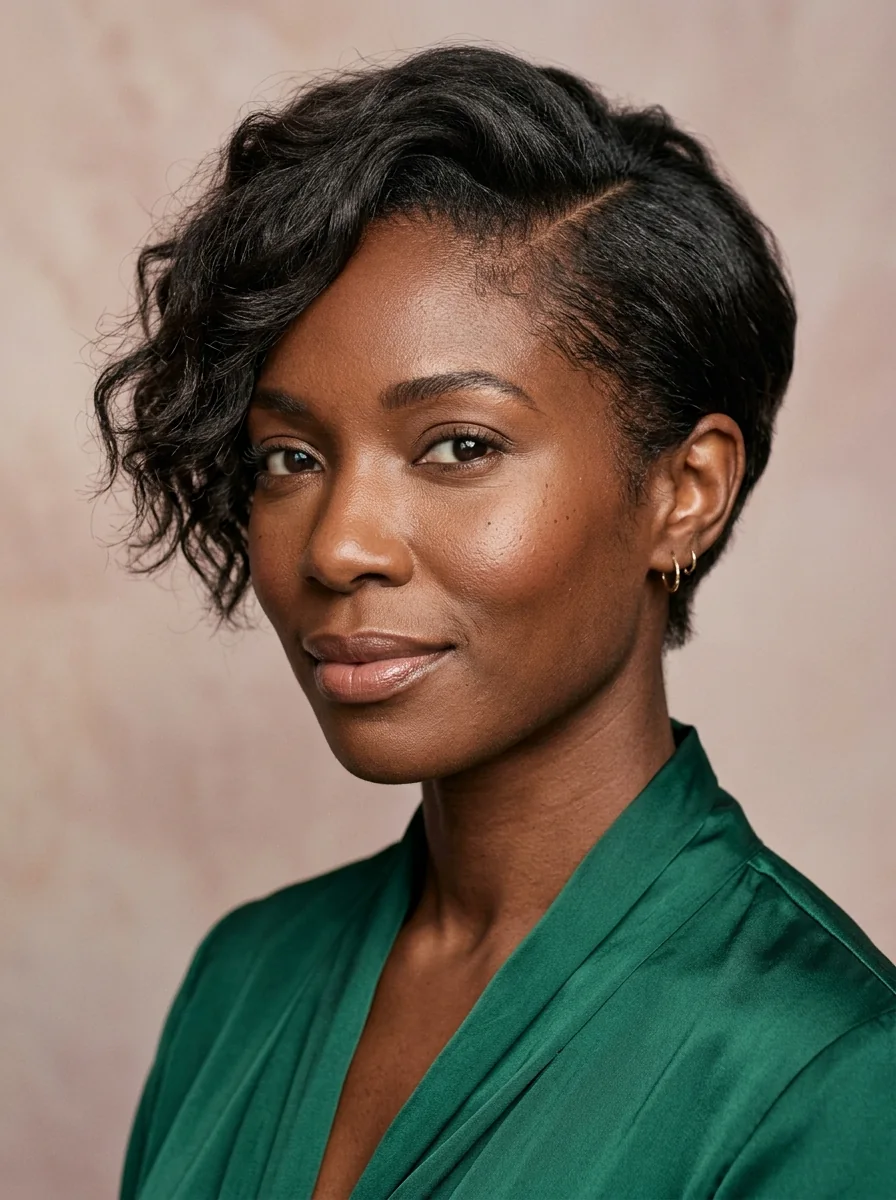 Black woman wearing a short wave pixie with a defined edge