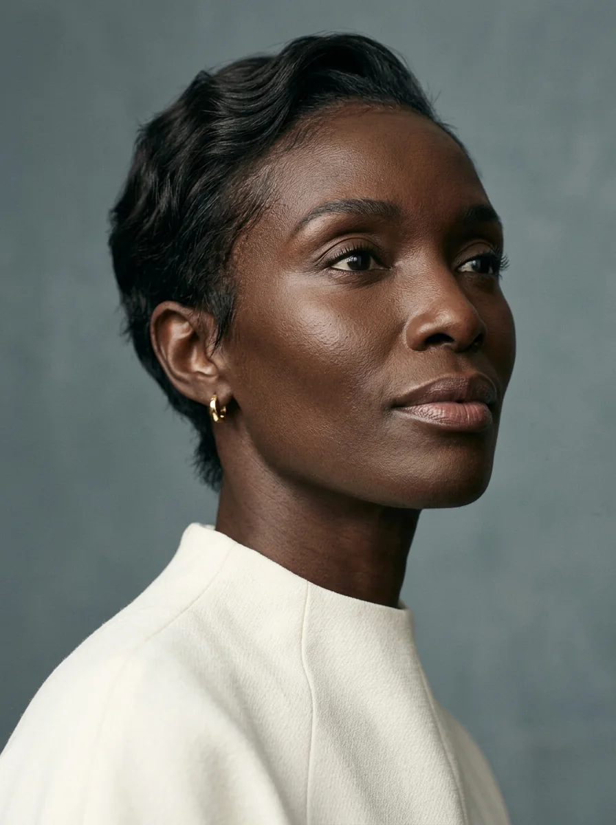 Black woman wearing a soft tapered wavy pixie hairstyle