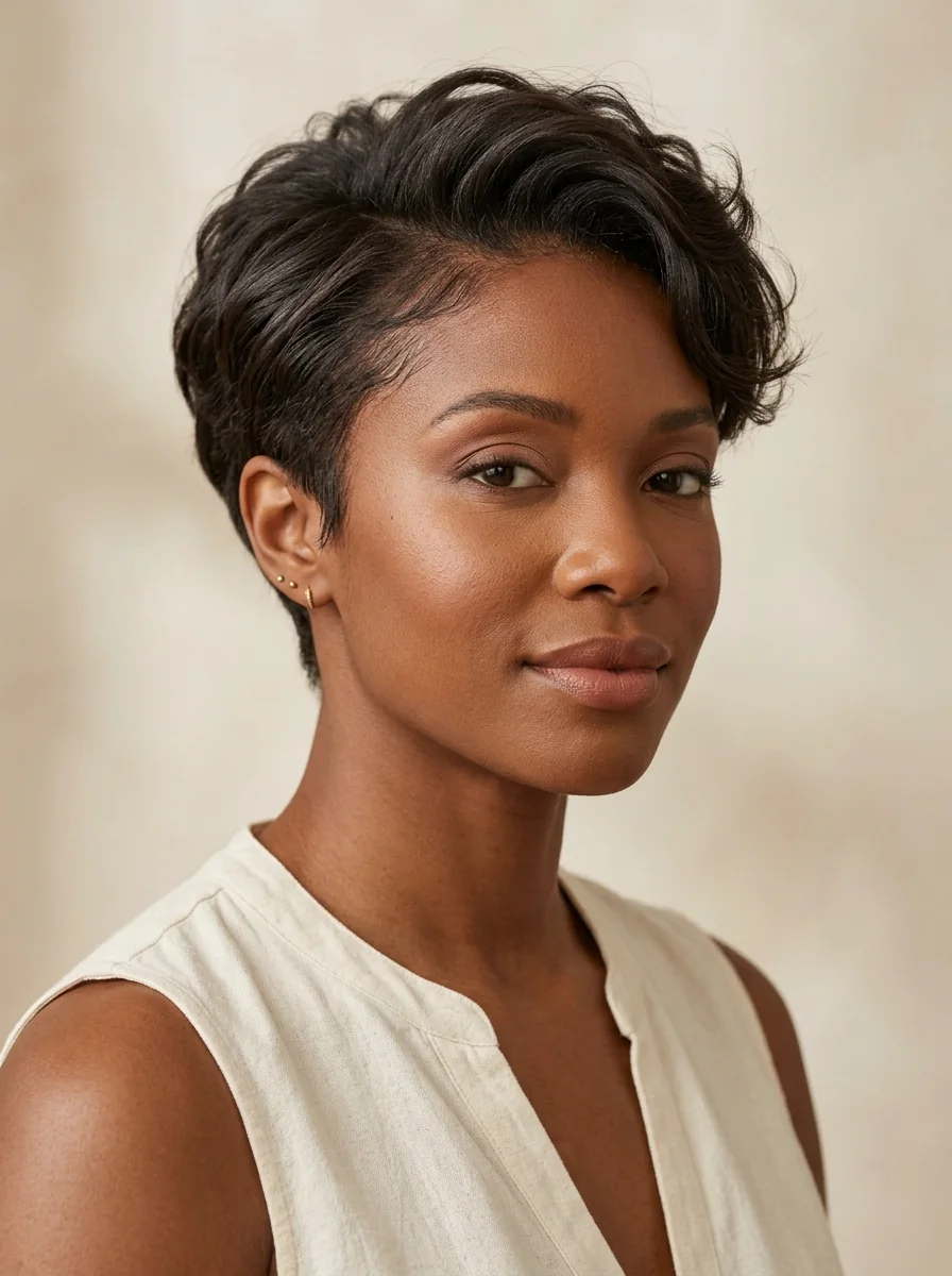 Black woman wearing a wavy pixie bob hairstyle