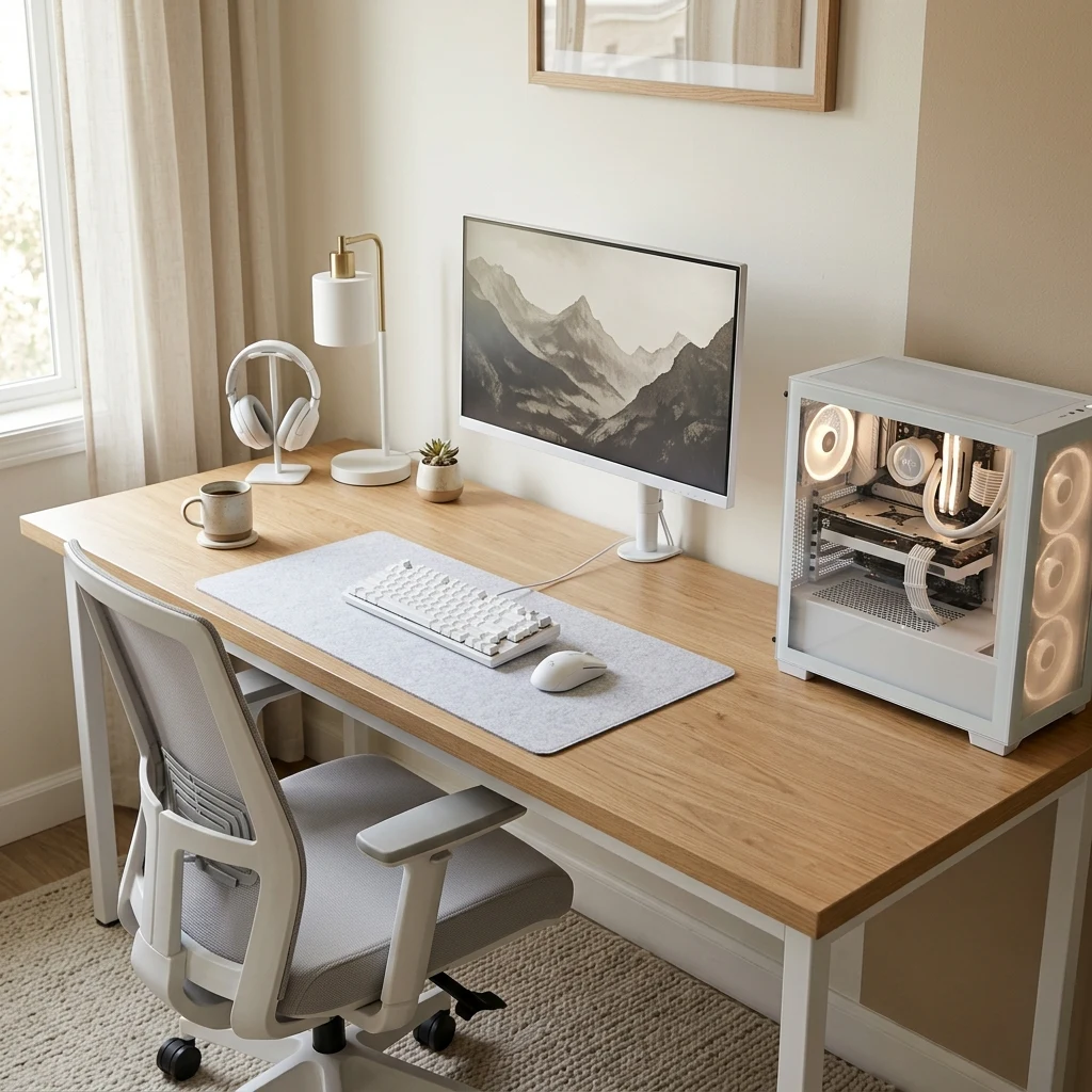 Light oak gaming desk with white mechanical keyboard, white PC tower, monitor arm, and white headset stand