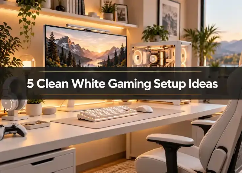 White gaming desk with warm lighting, white PC, monitor, and chair
